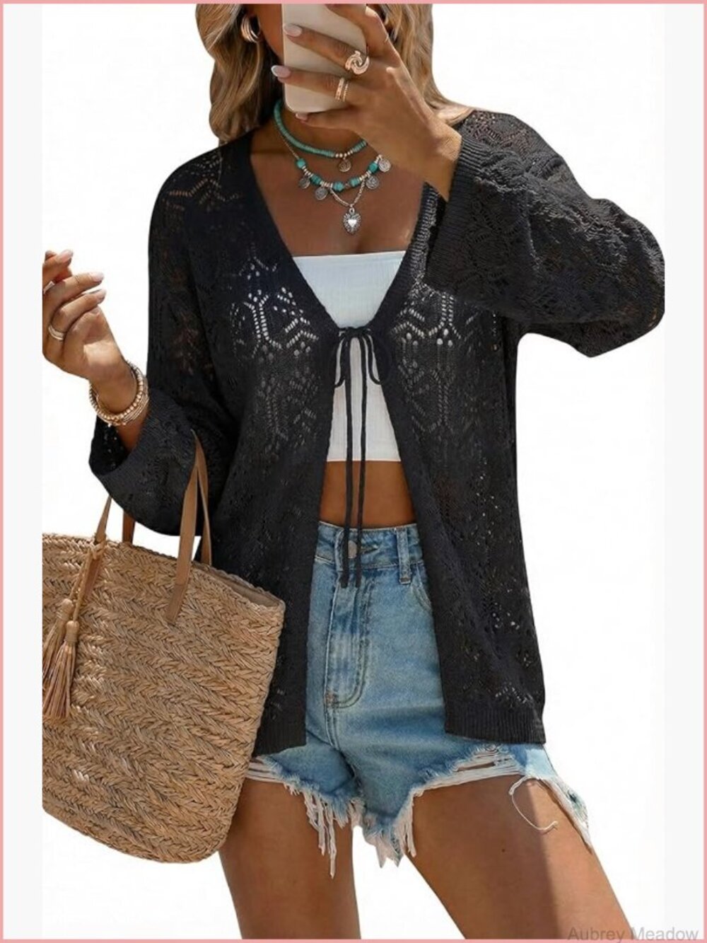 Linen Blend Crochet Cardigan Lightweight Boho Cover Up Lace Knit Beach Resort